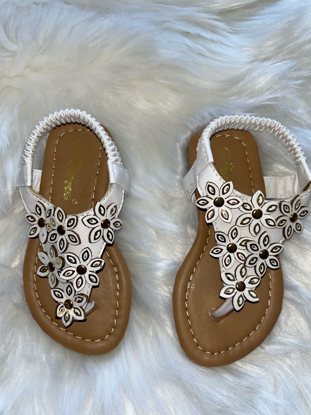 White Floral T-Strap Women’s Sandals - Size 5